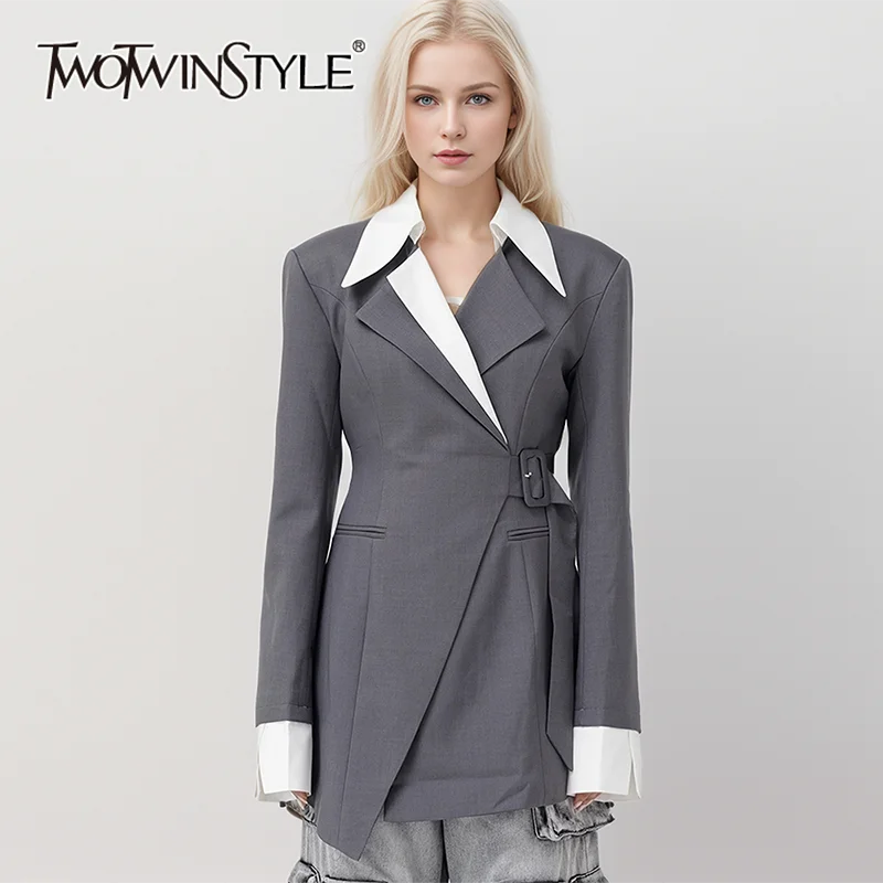 

TWOTWINSTYLE Casual Colorblock Patchwork Belt Blazer For Women Notched Collar Long Sleeve Spliced Pocket Blazers Female Fashion