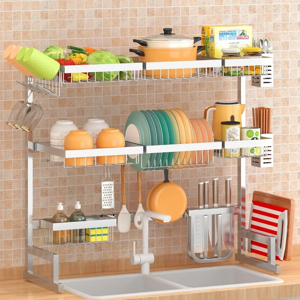 

Adjustable Over Sink Dish Drying Rack 3 Tier, 2 Cutlery Holders Drainer Shelf for Kitchen Storage Counter Organizer Stainless