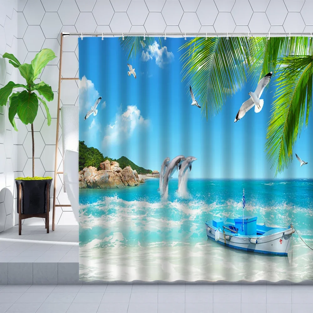

Summer Sea Beach landscape Shower Curtain Palm Tree Dolphins Seagull Sailing Ocean Scenery Bathroom Decor Polyester Curtains Set