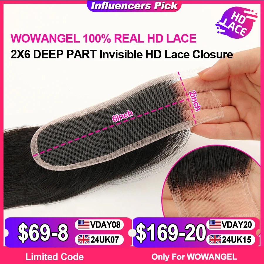 

WOWANGEL 2x6 Deep Parting HD Lace Closure Frontal Only Melt Skin Straight Hair Kim K Closure Pre Plucked Virgin Hair For Woman