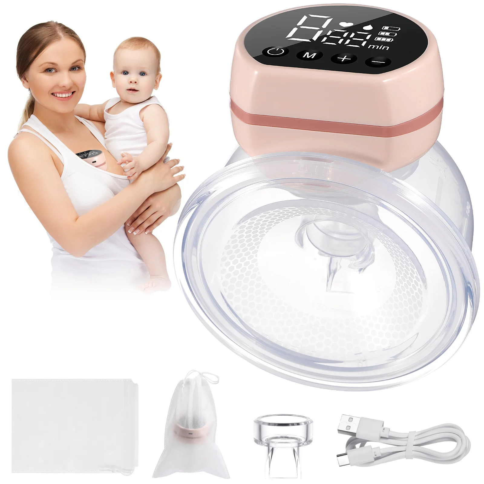 

Hand Free Breast Pump Pink Electric Cordless Wearable Milking Machine Suction Portable Baby