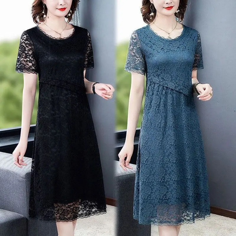 

Elegant Short Sleeve Midi Dress A-Line Summer New Vintage Lace Fashion Spliced Hollow Out Female Clothing Commute O-Neck Dresses