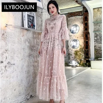 VONDA: o conjunto de vestidos femininos elegante para todas as estações 10 Elegant Dresses For Women 2023 Luxury Fashion Maxi New Long Flare Sleeve Ruffled Beading Sequined Mesh Flower Embroidery Dress