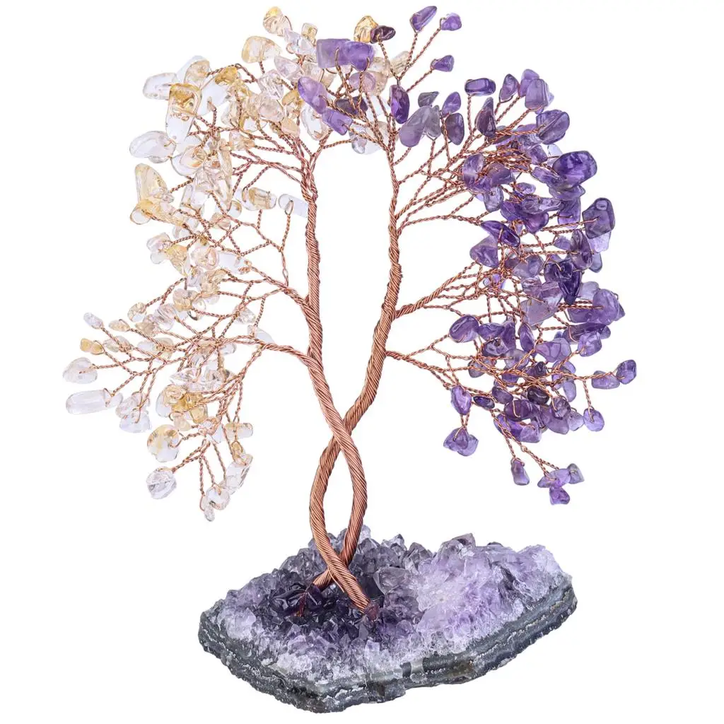 

TUMBEELLUWA Healing Crystal Luck Money Tree With Natural Amethyst Cluster Base Reiki Minerals Gemstone Crafts Home Ornaments