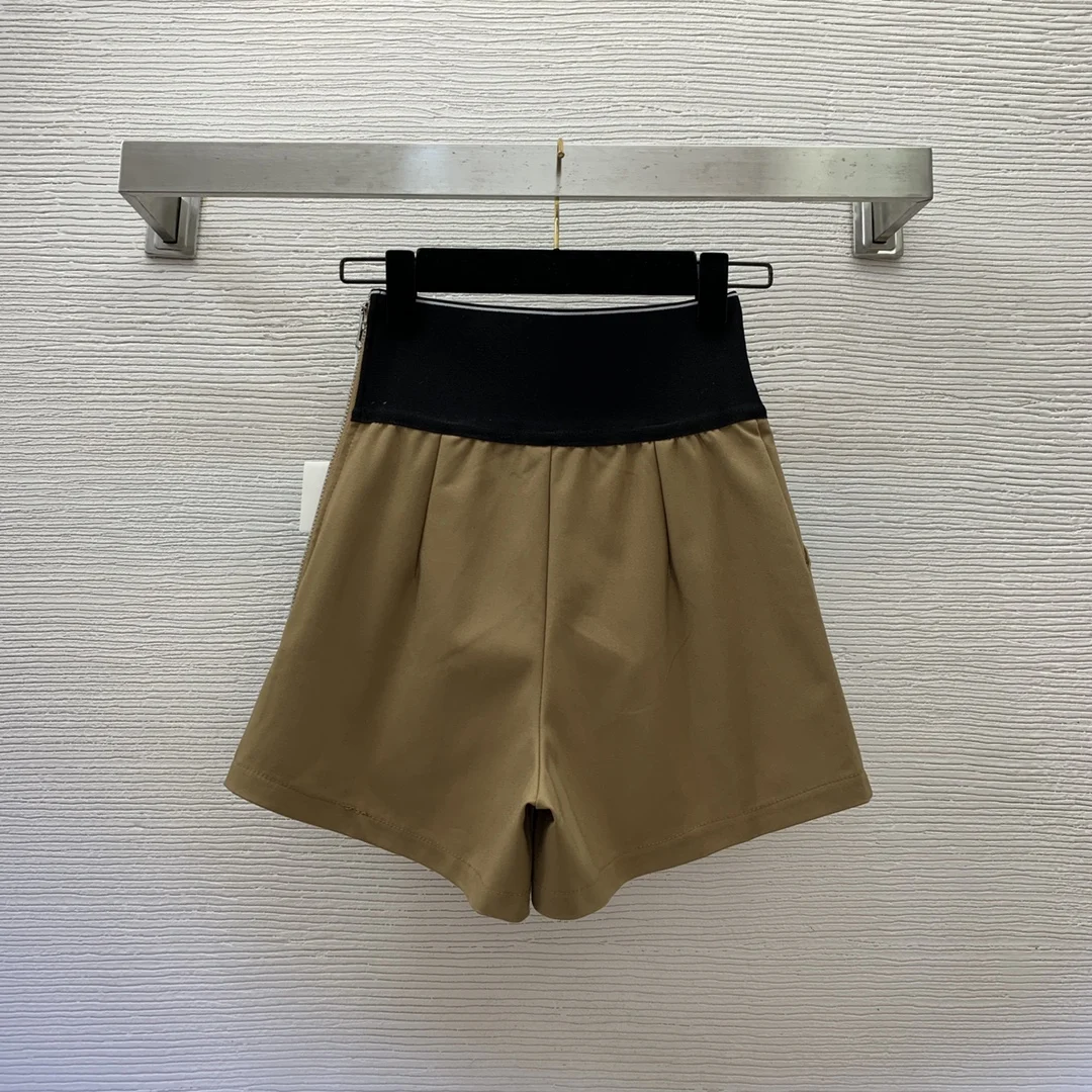 

24 Women's Top New Fashion Spliced Side Zipper High-Waisted Wide-Leg Shorts Black White Khaki D2583