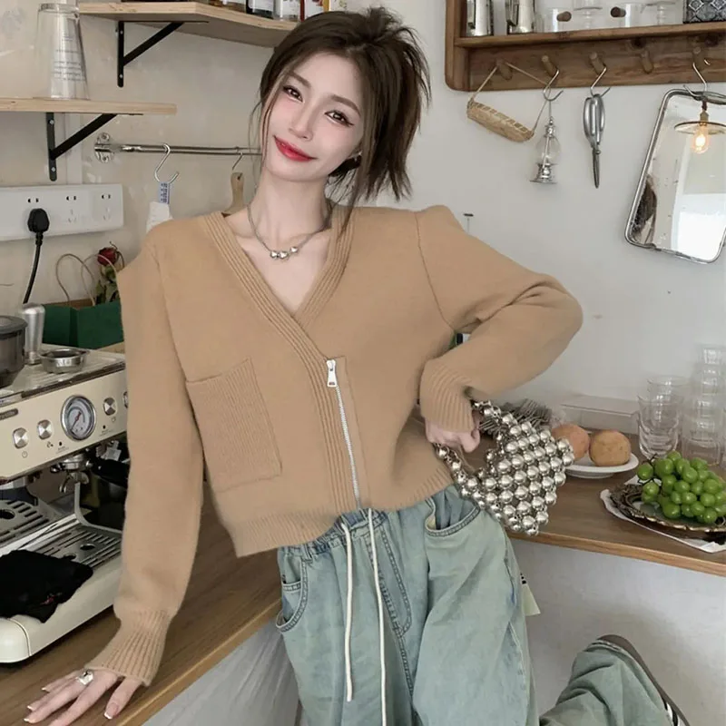 

Biyaby Irregular V-Neck Zipper Knitted Cardigans Women Korean Style Basics Sweater Woman Vintage Solid Simple Long Sleeve Coat