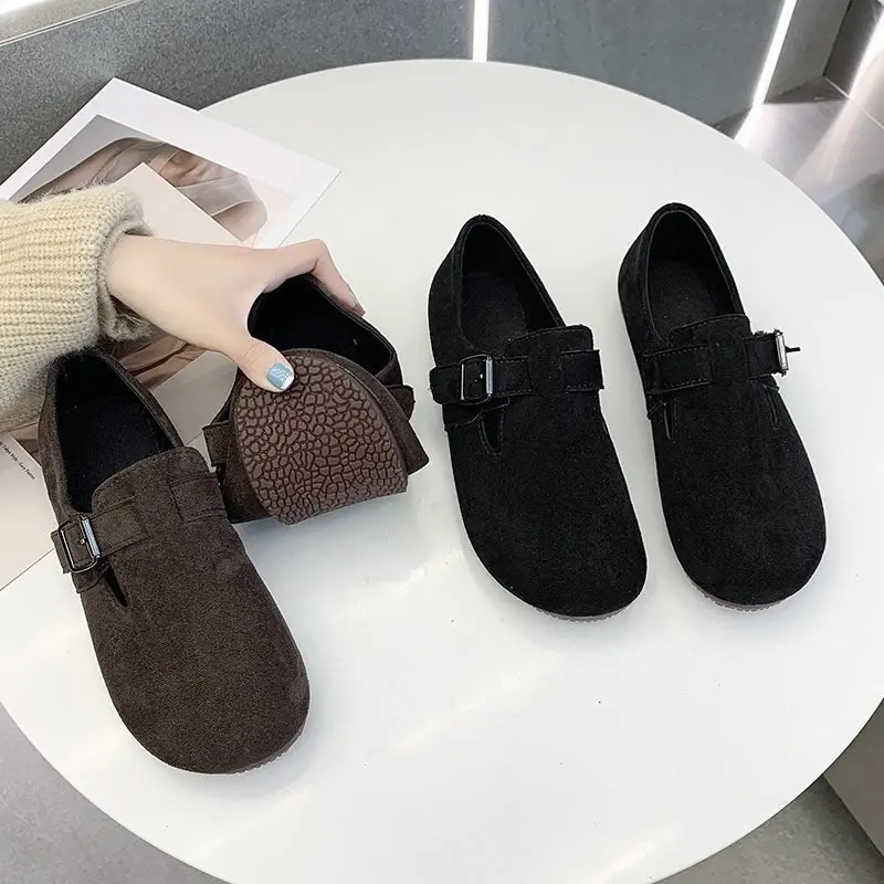 

2024 New Solid Color Short Boots Buckle Strap Women Shoes Furry Plush Slip-on Flat Footwear Winter Warm Booties Female Snow Boot