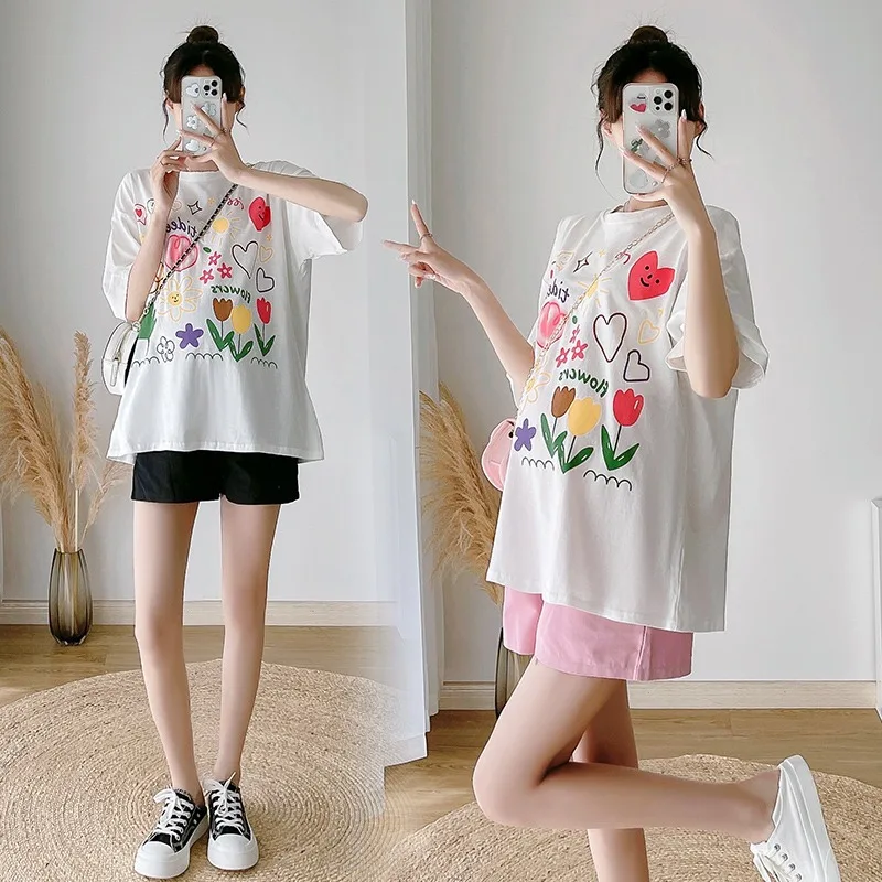 

Maternity Clothing Suit Fashion Pregnant Women's Summer Clothes Casual Outfits Short Sleeved Top+Underbelly Shorts Wearing Set