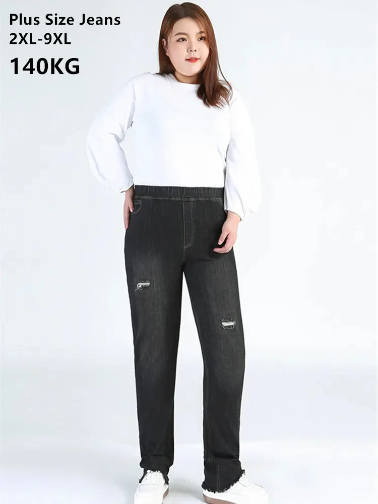 

Scratched Jeans Women Black Ripped Plus Size 140KG 5XL 6XL 9XL Girl Stretched Slim Fit Pencil Denim Pants High Waisted Trousers