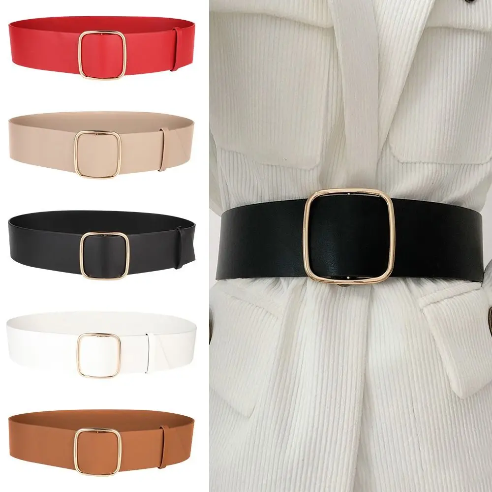 

Fashion Women's Black Wide Belt Square Buckle Nonporous PU leather Belts For Woman Decorative Coat Dress Simple Waistband Corset