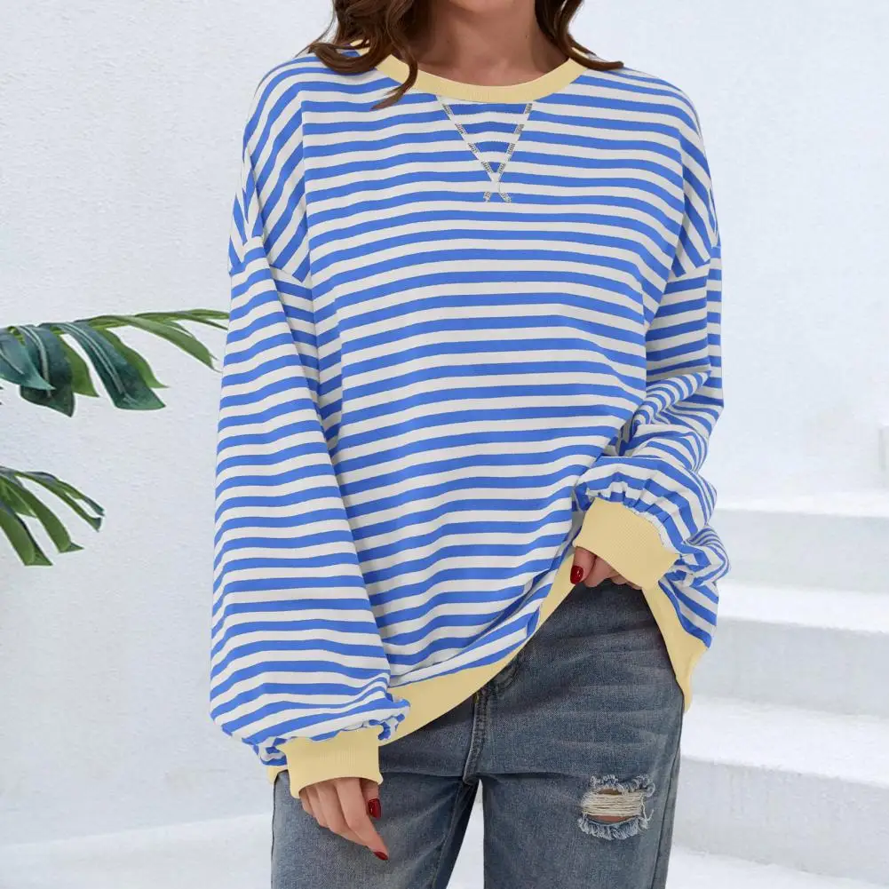 

Женская Весенняя футболка в полоску, простой пуловер с цветными блоками, топ свободного кроя с круглым вырезом и длинным рукавом, футболка в уличном стиле, женская одежда