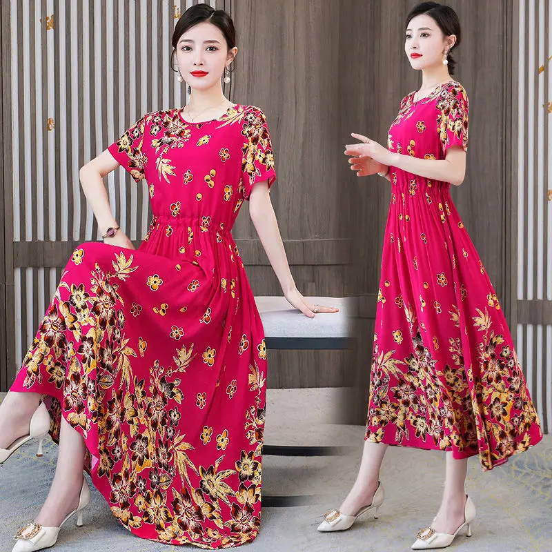 

New Women 2024 Summer Middle-aged Casual Dress Female Short Sleeve Print Dresses Ladies O-neck Loose A-line Vestidos N131