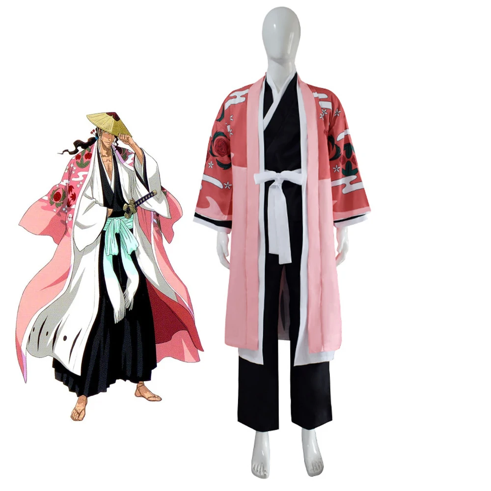 

Anime Bleach Kyoraku Shunsui Cosplay Costume Pink Kimono Black Shinigami Attire Outfit Uniform Cloak Men Thousand-Year Blood War