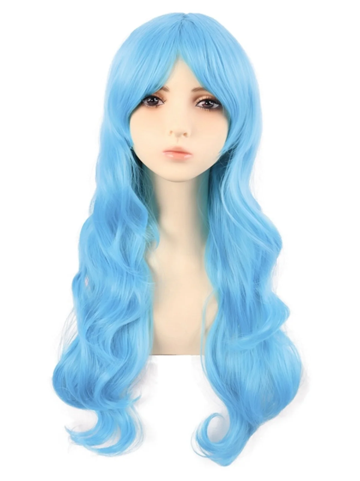 

Cos Wig Female Long Hair Anime Big Wave Curly 70cm Light Blue Sky Qi Side Bangs Headgear