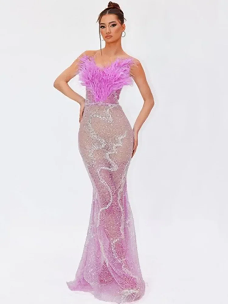 

Women Celebrity Sexy Strapless Pink Feather Sequins Pearl Maxi Long Dress 2024 Elegant Party Evening Stage Perform Costume