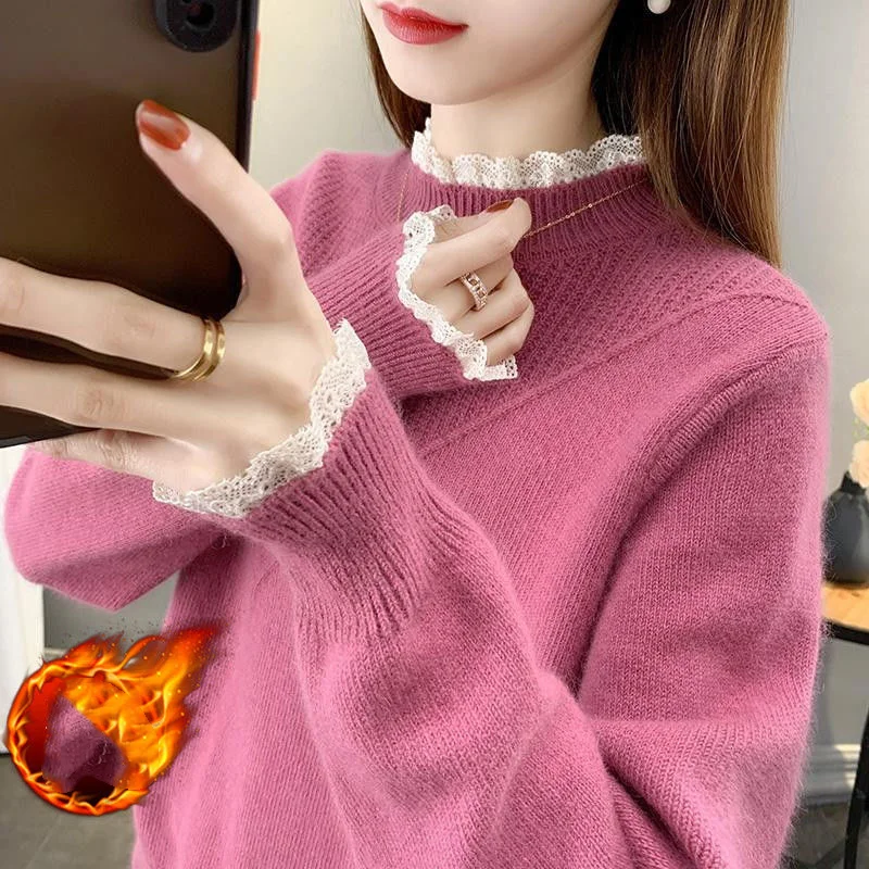 

Autumn Winter New Women's Adding Velvet and Thickening Sweaters Fashion Half High Collar Lace Loose Knitted Long Sleeve Tops