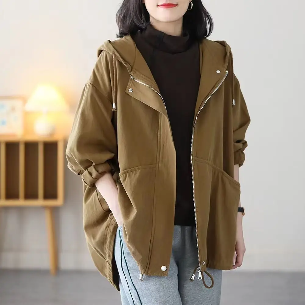 

Large Size Women Hooded Trench Coat 2024 New Spring Autumn Women's Casual Windbreaker Korean Loose Female Lined Outerwear 4XL