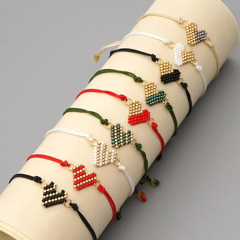 

Браслет ручной работы с бусинами, простой графический индивидуальный браслет в форме сердца в богемном стиле, регулируемый браслет унисекс с рисовым шариком