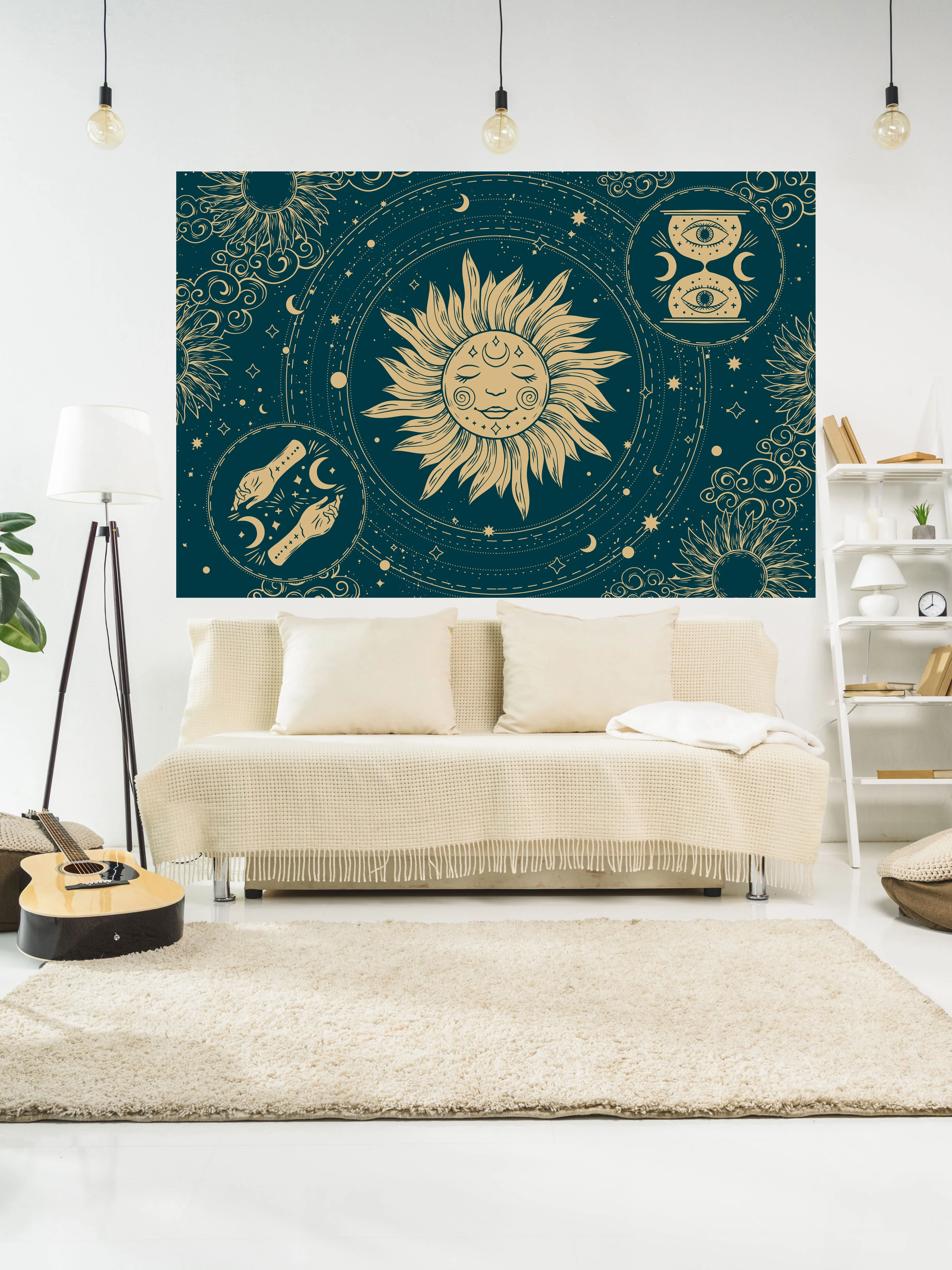 

QdDeco Retro Mysterious Burning Sun And Floral Flower Vines Printed Wall Hanging Carpet Bohemian Witchcraft Home Decor Tapestry