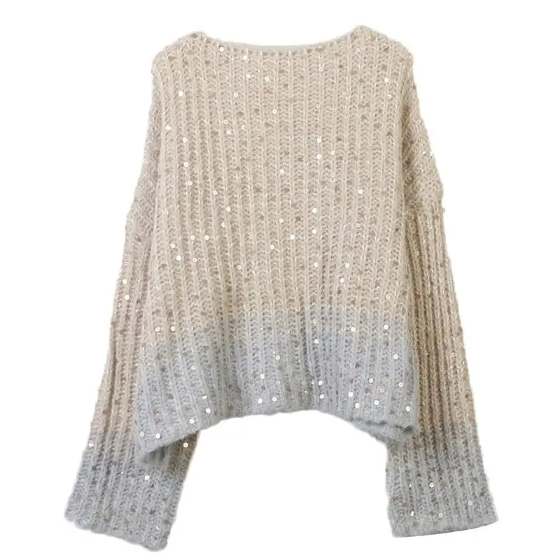 

Full Sequin Mohair Knit Pullover Flared Sleeves Loose Fitting Apricot Knit Women Sweater Jumper Autumn Winter 2023 New