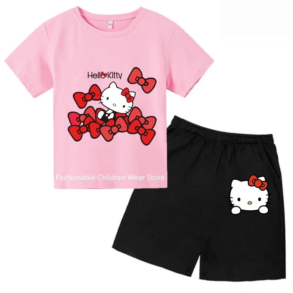 

Новинка 2024, детская одежда Hello Kitty для мальчиков, верх с коротким рукавом и шорты для детей, комплект одежды для девочек 2024