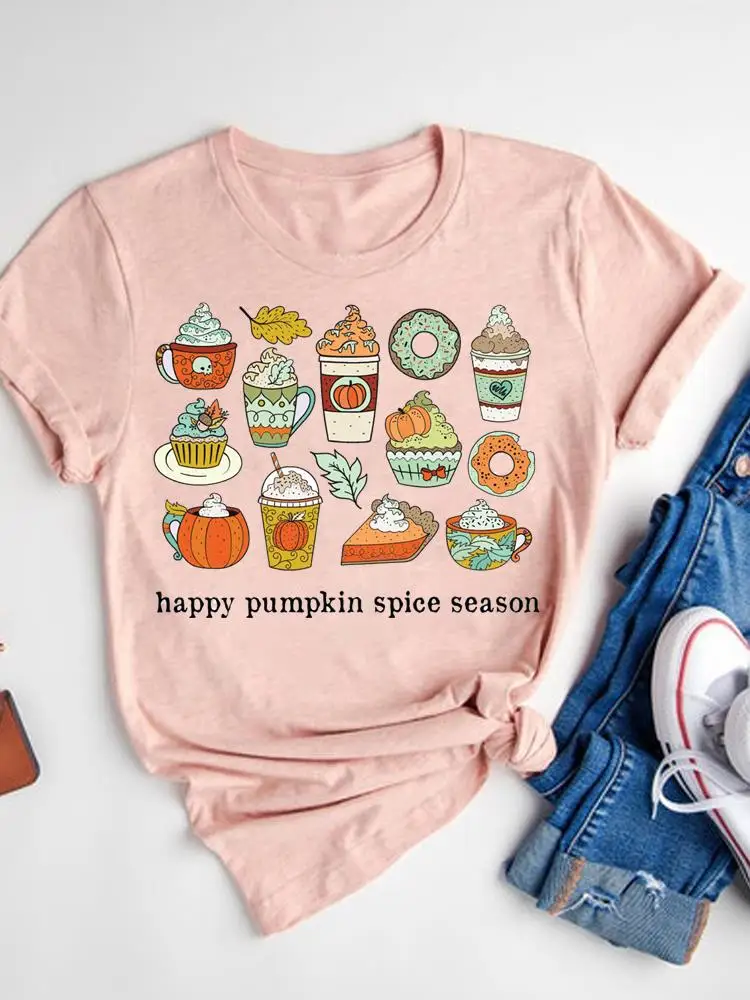 

Футболка женская осенняя с графическим принтом, Базовая рубашка с принтом тыквы, специй, на Хэллоуин, День благодарения, топ, одежда на осень