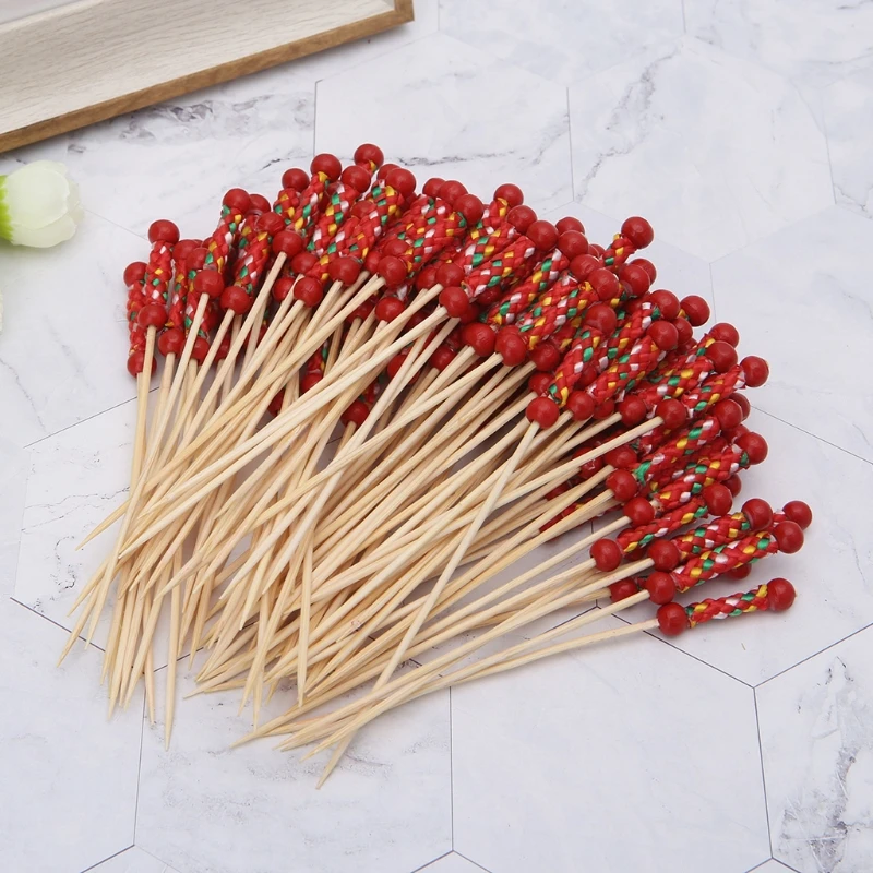 

67JE 100pcs Beads Bamboo Cocktail Picks Sticks Disposable Toothpicks Party New