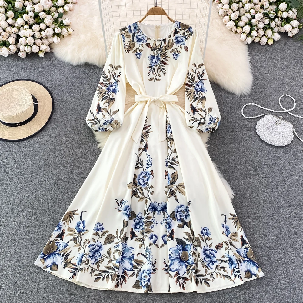 

Women's Lantern Sleeve O Neck Floral Long Dress Spring Autumn Streetwear Holiday Lace Up Waist Dress Lady Bohemian Vestido