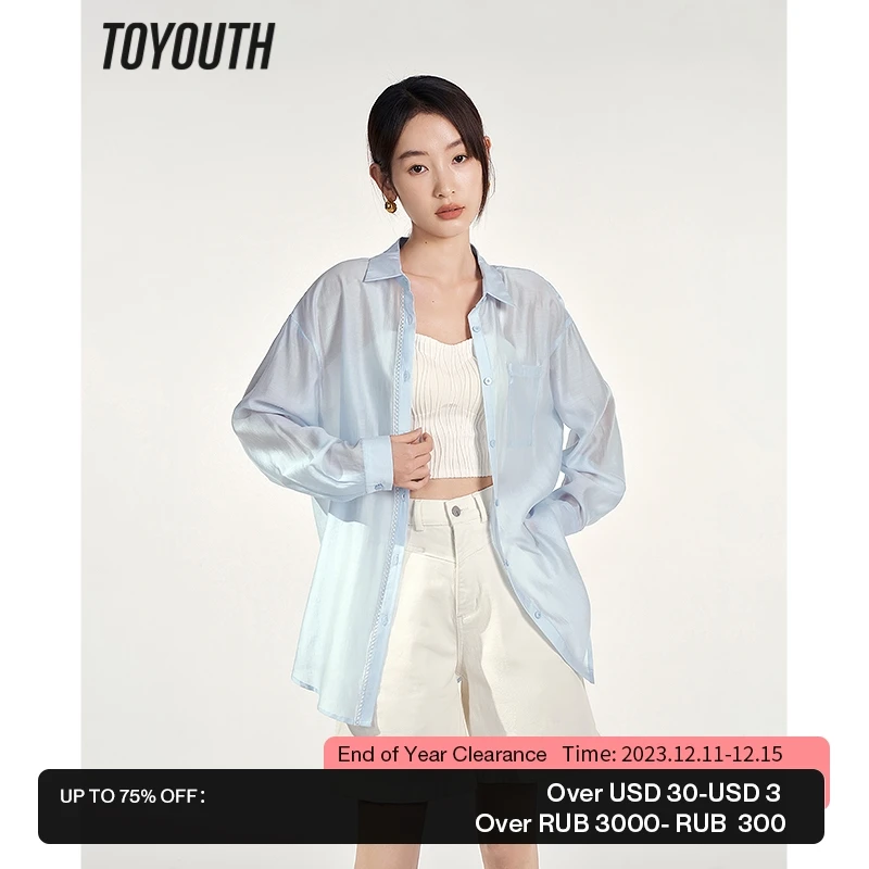 

Toyouth Women Sunscreen Shirt 2023 Summer Long Sleeve Polo Neck Loose Blouse Tiansi Lightweight Breathable White Blue Tops