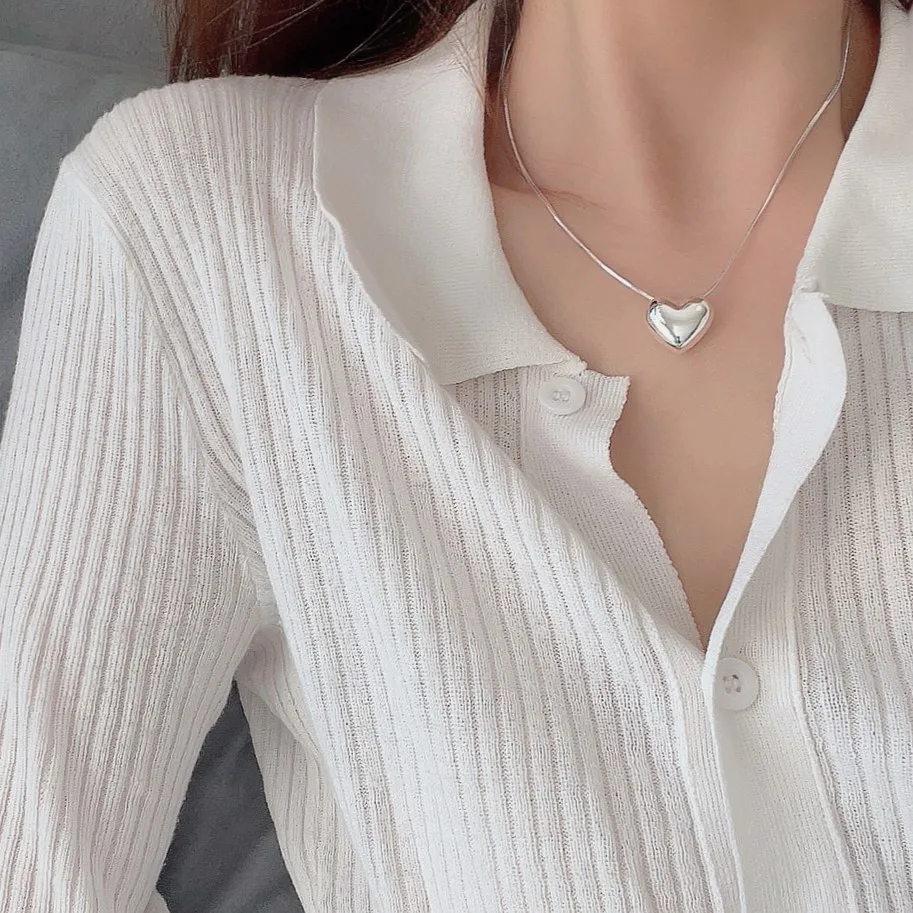 

925 Sterling Silver Large LOVE Choker Necklace for Women Girl Smiple Heart-shaped Geometric Jewelry Wedding Party Daily Gift