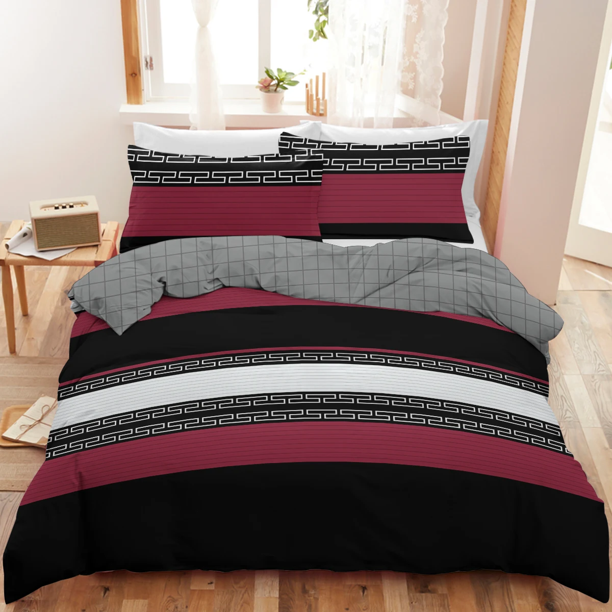 

Комплект постельного белья из 3 предметов с черными и красными полосками, набор пододеяльников с необычным геометрическим узором, мягкое одеяло с 2 наволочками