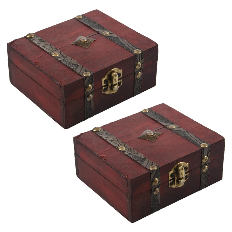 

2X Wooden Vintage Lock Treasure Chest Jewelery Storage Box Case Organiser Ring Gift