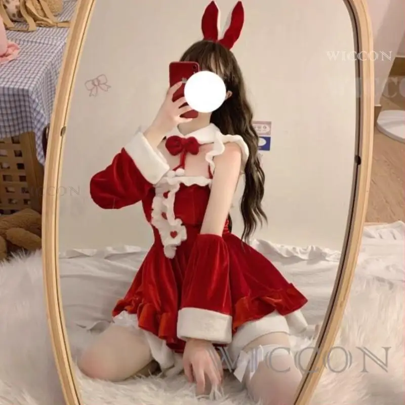 

Christmas Costumes Lolita Maid Red Dress Soft Velvet Bunny Lingerie Xmas Red Santa Claus Cosplay Party Outfits Halloween Costume