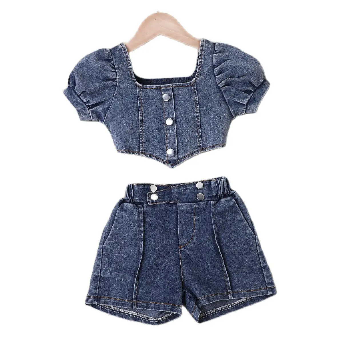 

2-7Y Toddler Kids Girls Denim Clothes Set Baby Summer Outfits Short Puff Sleeve Shirt+Buttons Jeans Shorts 2pcs Kids Tracksuits
