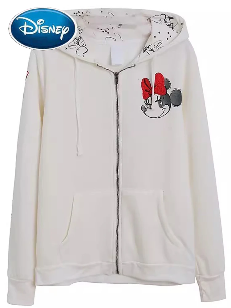 

Disney Sweatshirt Minnie Mickey Mouse Embroidery Appliques Letter Cartoon Print Women Hooded Zip Long Sleeve Fleece Jumper Tops