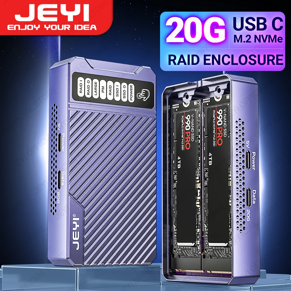 

JEYI Dual Nvme Enclosure, 2-Bay Hardware RAID Enclosure, 20Gbps Transmission Speed SSD Case, Support RAID0/ RAID1/ Large/ JBOD