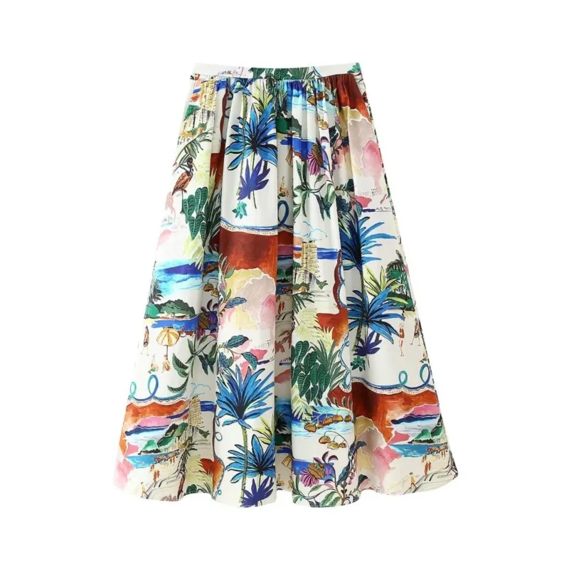 

TRAF Printed Fold Long Skirt For Lady New 2024 Spring Summer High Waisted Casual A Line Beach Style Elastic Waist Casual Skirt