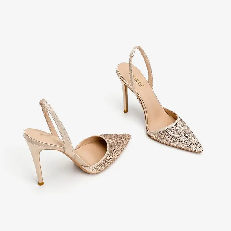 

Size 31-45 Rhinestone Pointed High Heels Women Stiletto Heel Gold Sandals 2024 Spring And Suammer New Fashionable Strap Sandals