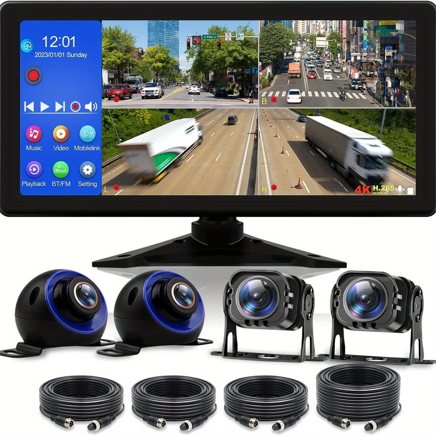 4K RV Backup Camera System 10.36" Quad Split Touch Screen Monitor With 4 AHD 1080P Rear Side View Camera, BT FM MP3 MP5 DVR Reco
4K RV Backup Camera System 10.36" Quad Split Touch Screen Monitor With 4 AHD 1080P Rear Side View Camera, BT FM MP3 MP5 DVR Reco