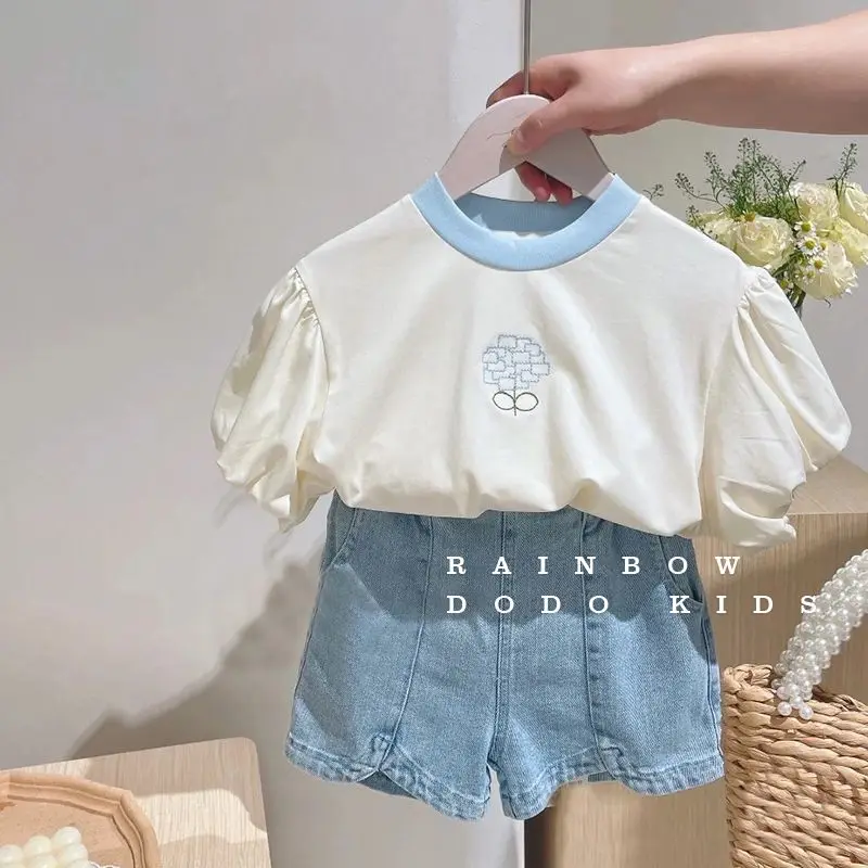 

Korean Teenagers Baby Kid Girls Embroidery T-shirt 2023 Summer Short Sleeve Top +Denim Shorts 2pcs Outfits Baby Girl Clothes
