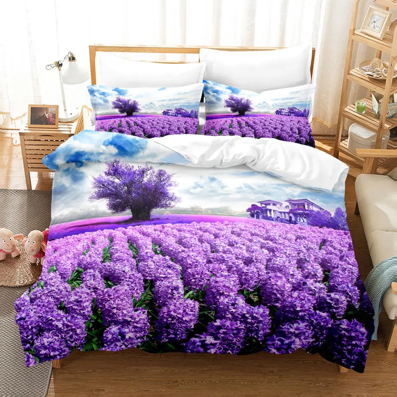 

Фиолетовый Комплект постельного белья из полиэстера, пододеяльник, пододеяльник, одеяло, покрывало, покрывало с 3D рисунком лаванды, бабочки, двойные, полные, размеры King, Queen, Twin, Single