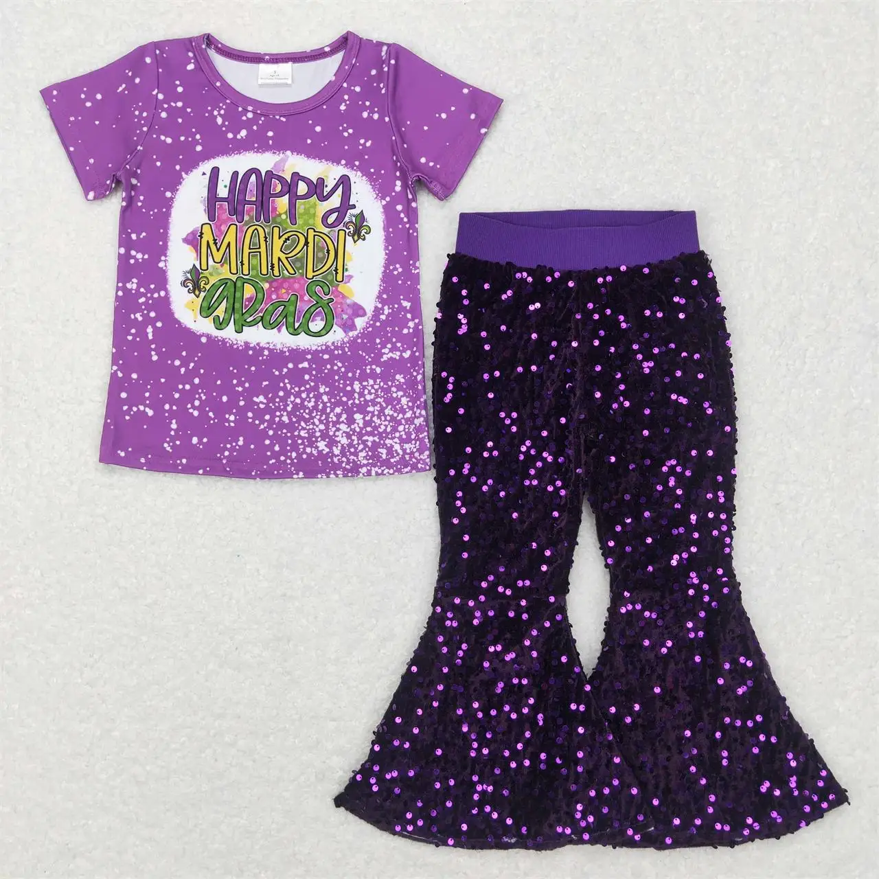 

Wholesale Children Short Sleeves Shirt Spring Fall Kids Purple Sequins Bell Bottom Pants Toddler Set Baby Girl Mardi Gras Outfit