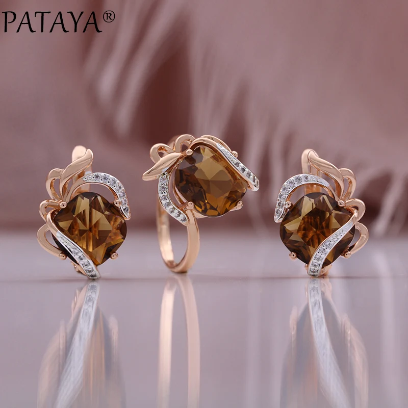 PATAYA Hot Fashion Light Brown Natural Zircon Ring Earring for Women Simple 585 Rose Gold Color High Quality Daily Jewelry Sets PATAYA Hot Fashion Light Brown Natural Zircon Ring Earring for Women Simple 585 Rose Gold Color High Quality Daily Jewelry Sets