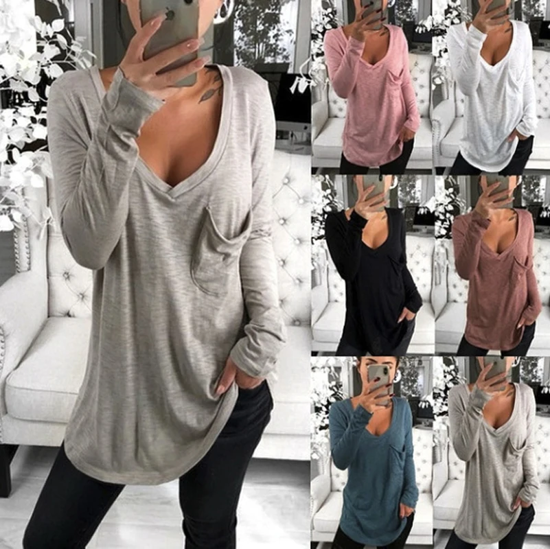 Woman Fashion Sexy V-neck loose pocket foreign trade casual long sleeve bottomed T-shirt Top Clothes Clothes
Woman Fashion Sexy V-neck loose pocket foreign trade casual long sleeve bottomed T-shirt Top Clothes Clothes