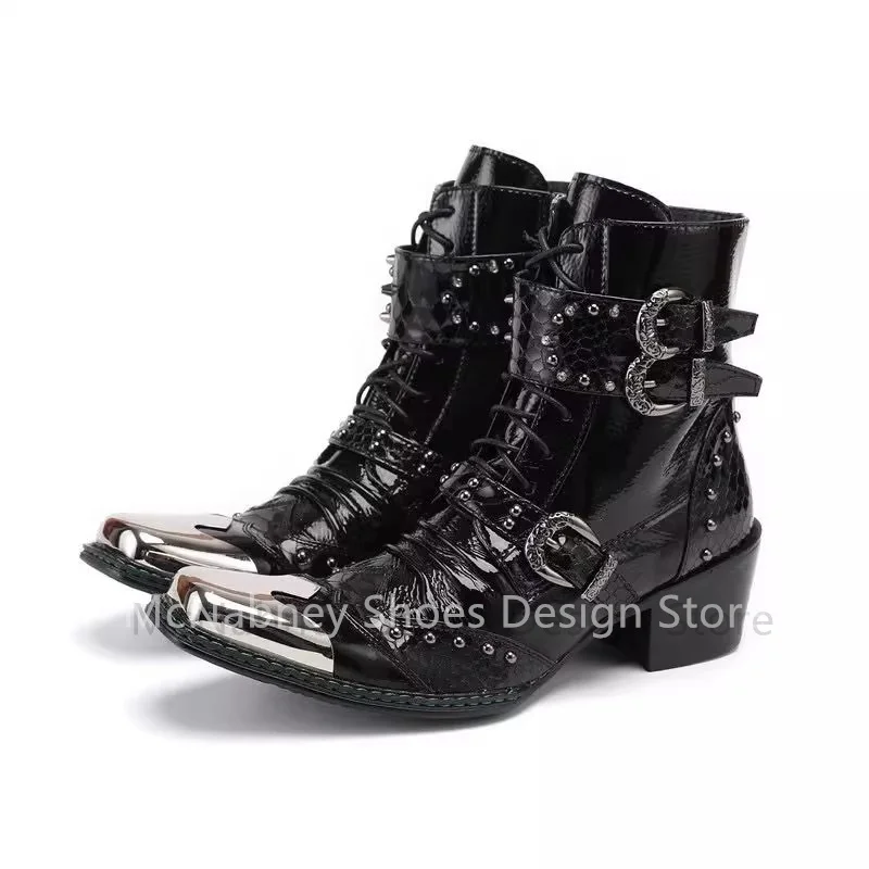 

Punk Rivet Belt Buckle Decor Male Party Dress Ankle Boots Fashion Metal Square Toe Chunky Heel Lace-Up Men's Leisure Shoes