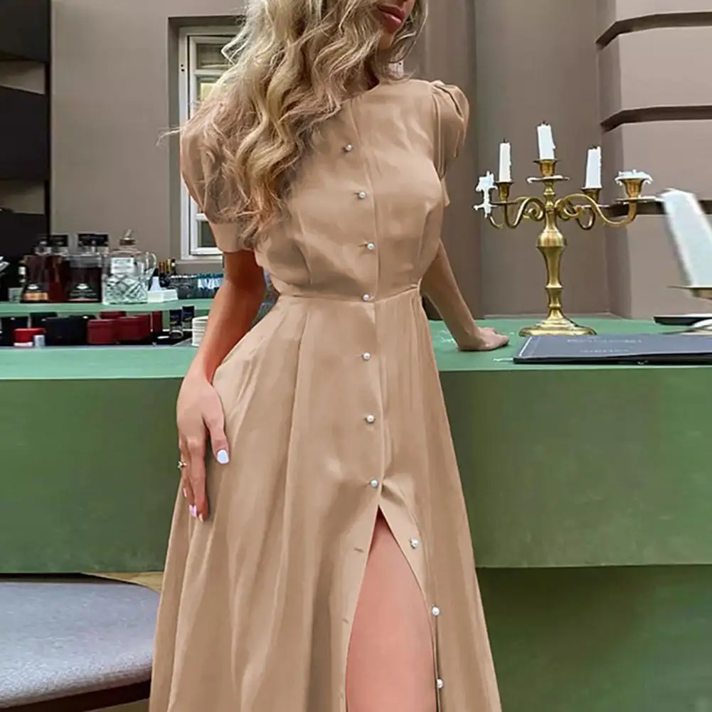Summer Midi Dress Split Hem Big Hem Single-breasted Short Sleeves Solid Color Round Neck High Tight Waist Mid-calf Length Women
Summer Midi Dress Split Hem Big Hem Single-breasted Short Sleeves Solid Color Round Neck High Tight Waist Mid-calf Length Women