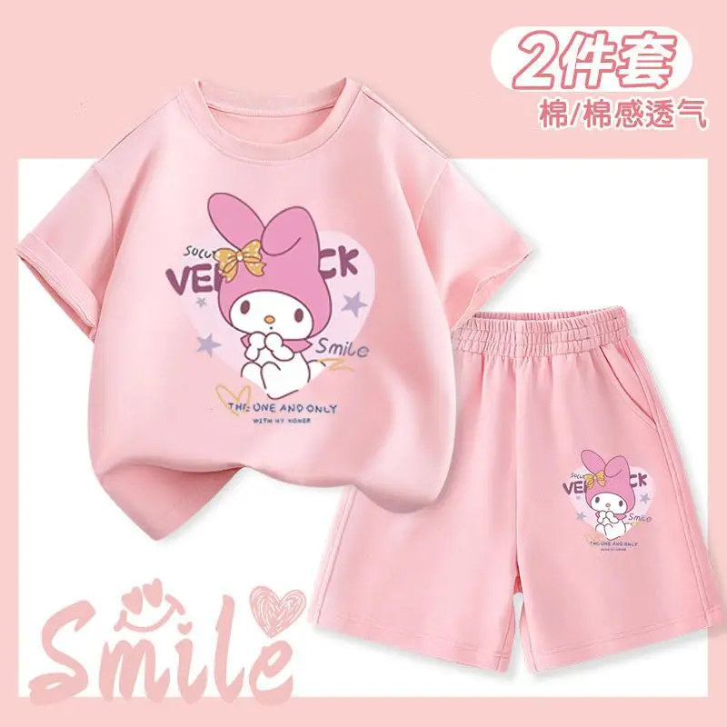 

Girly Heart My Melody Anime Kawaii Sanrio Children Summer Short Sleeve Pants Suit Cute Kuromi Clothes Two-Piece Set Kids Gifts