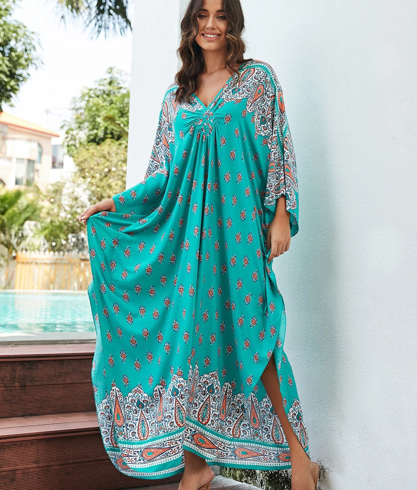 Boho V Neck Loose Oversize Kaftan Vestidos Beach Wear Kimono Maxi Dress Cotton Rayon Ethnic Print Cover-Ups Women Robe
Boho V Neck Loose Oversize Kaftan Vestidos Beach Wear Kimono Maxi Dress Cotton Rayon Ethnic Print Cover-Ups Women Robe