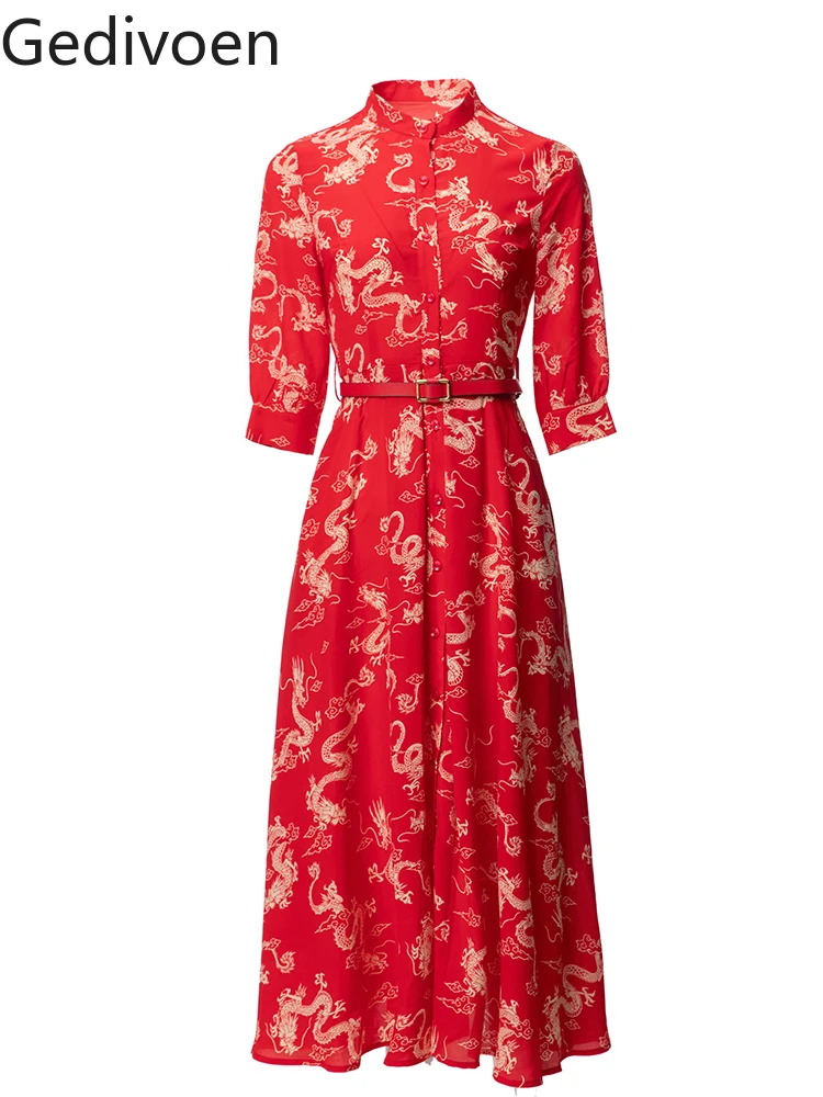 

Gedivoen 2024 Spring Summer Fashion Runway Red Dress Women O Neck Long Sleeves Printed Button Tie-belted Party Midi Dress