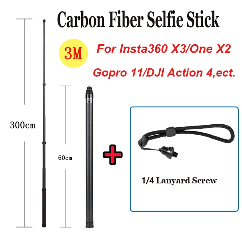 

3M Carbon Fiber Selfie Stick for Insta360 X3 / ONE X2 / RS Aluminum Alloy Selfie Stick for GoPro Hero 11 10 9 8 DJI OSMO Action